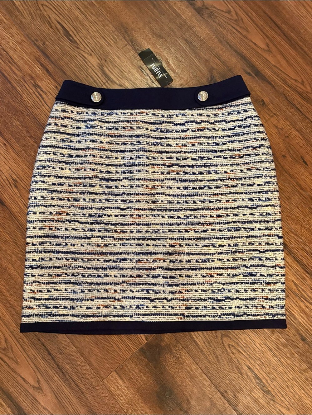 White House Black Market Navy and White Tweed Pencil Skirt with Button Detail